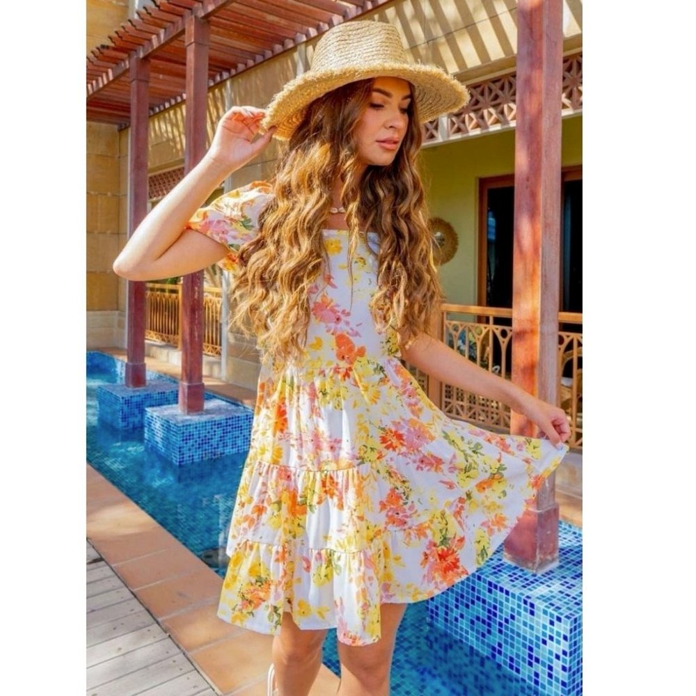 Yellow Floral Print Short Sleeve Open Back Mini Dress - Picture 5 of 10